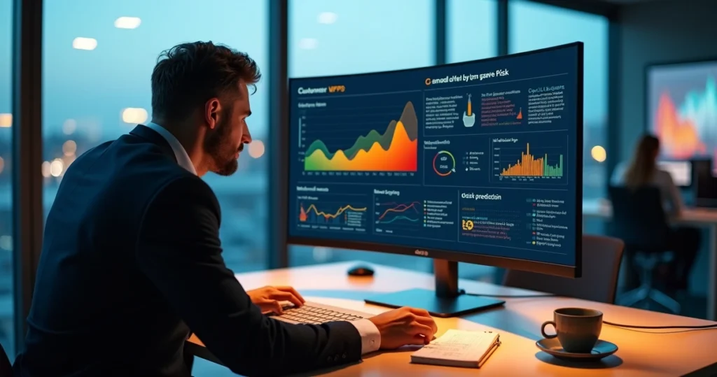 Analista observa painel com gráfico de risco baseado em dados de feedback dos clientes