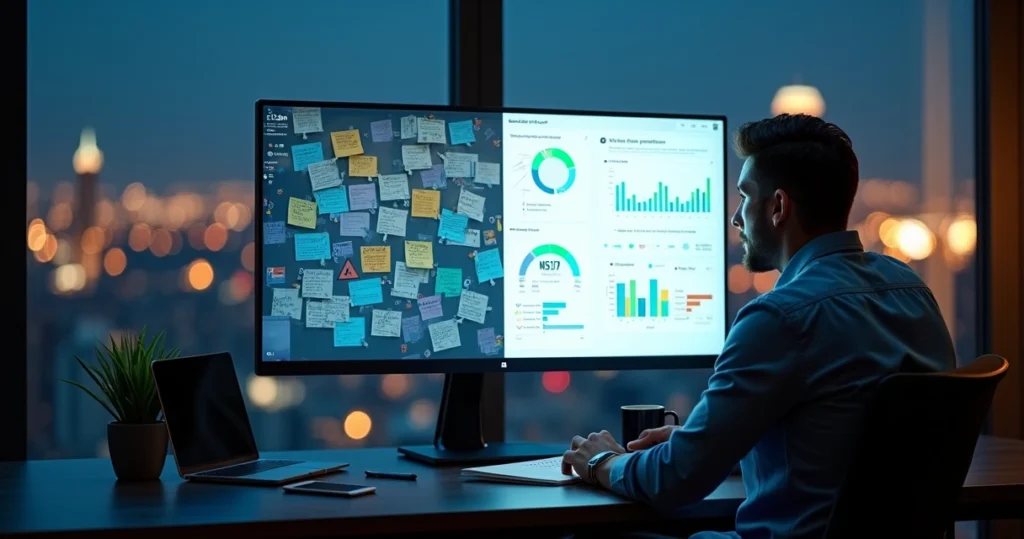 Gestor observa tela dividida entre dados caóticos e insights claros de feedback