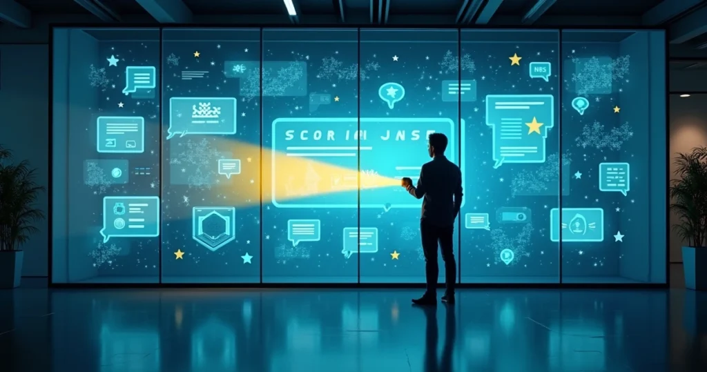 Profissional em sala escura usando lanterna para revelar ícones de feedback ocultos em tela digital