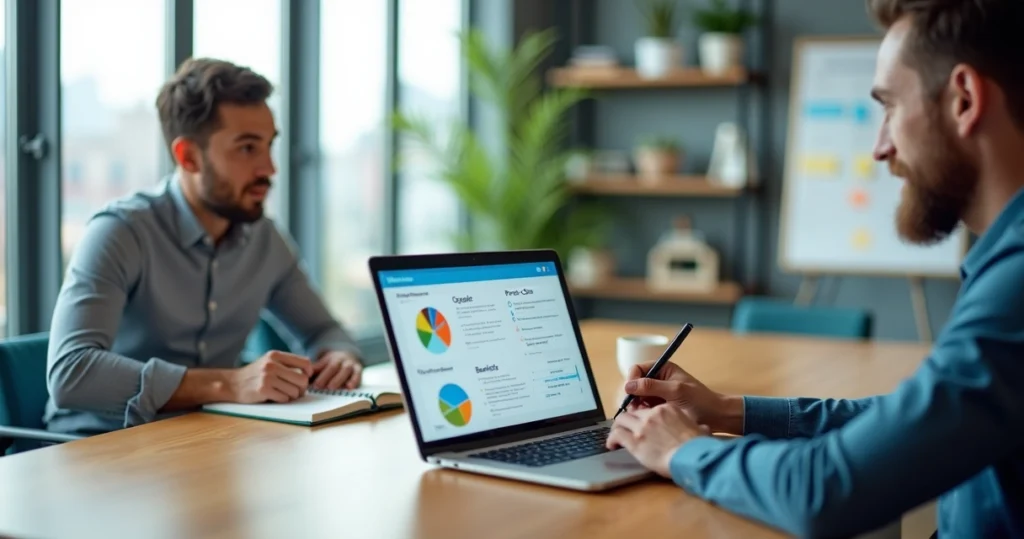 Executivo de SaaS mostra proposta de upgrade alinhada a feedback em tela para cliente em reunião