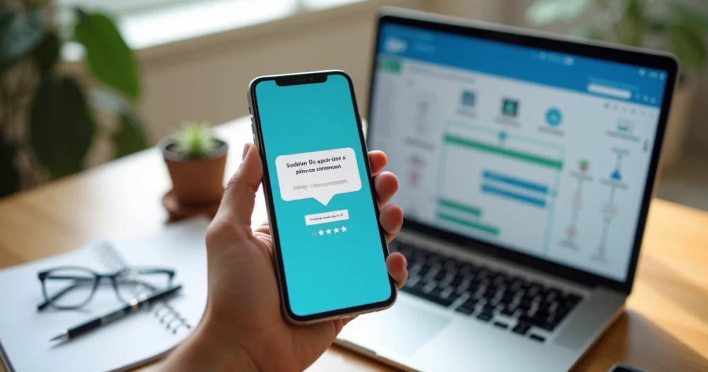 Smartphone exibindo convite de pesquisa por SMS integrado ao Salesforce em tela de notebook