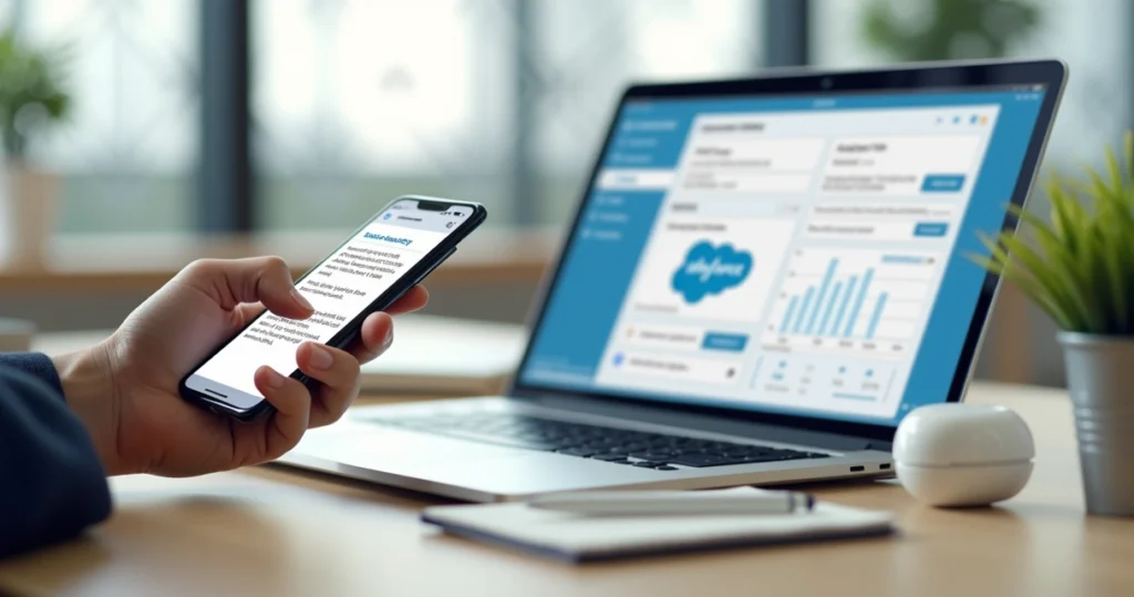 Tela de smartphone com SMS de pesquisa ao lado de notebook mostrando painel do Salesforce