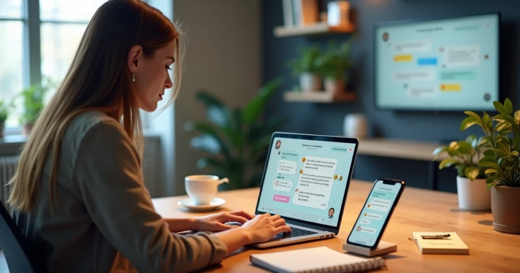 Gestora escreve resposta personalizada a feedback de cliente em laptop em ambiente de escritório acolhedor