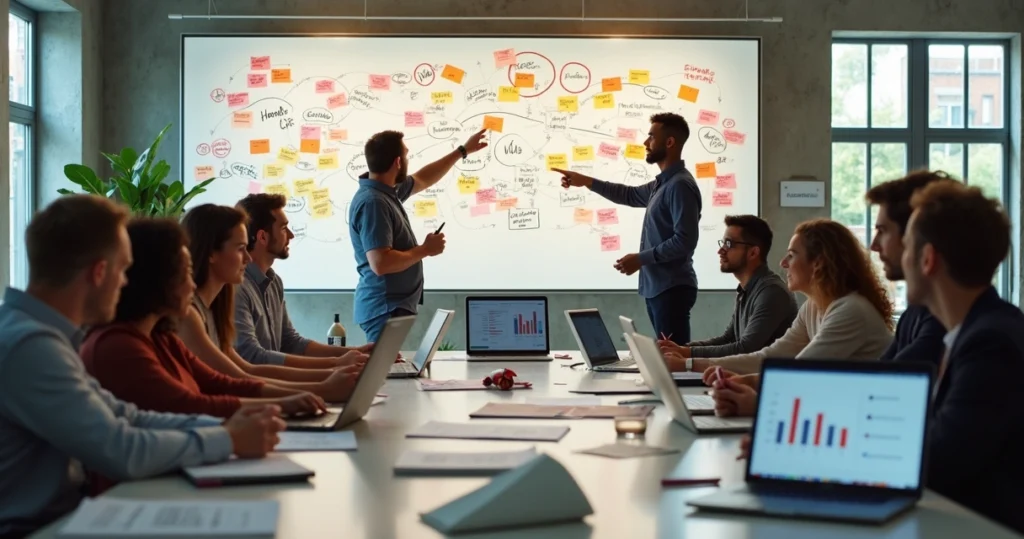 Equipe de marketing em sala criativa analisando opções de nomes de produto em quadro gigante
