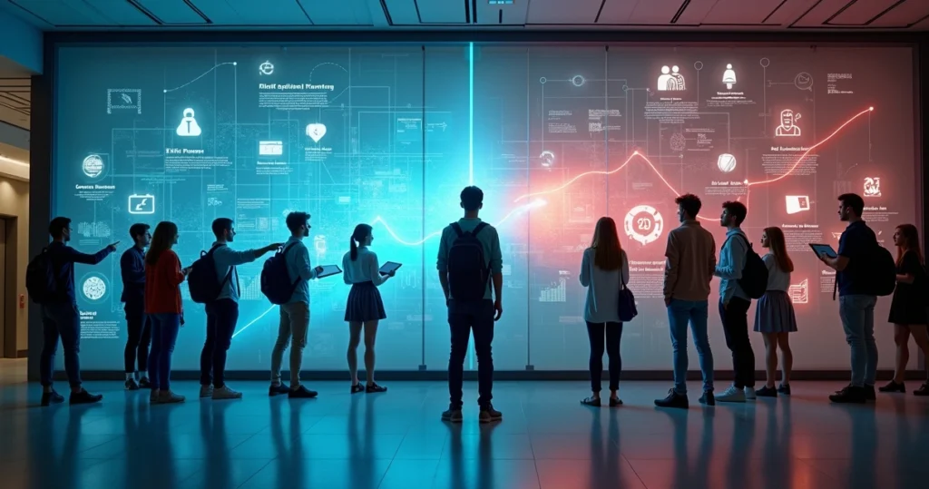 Jovens em frente a parede digital dividida entre oportunidades e ameaças da IA no trabalho