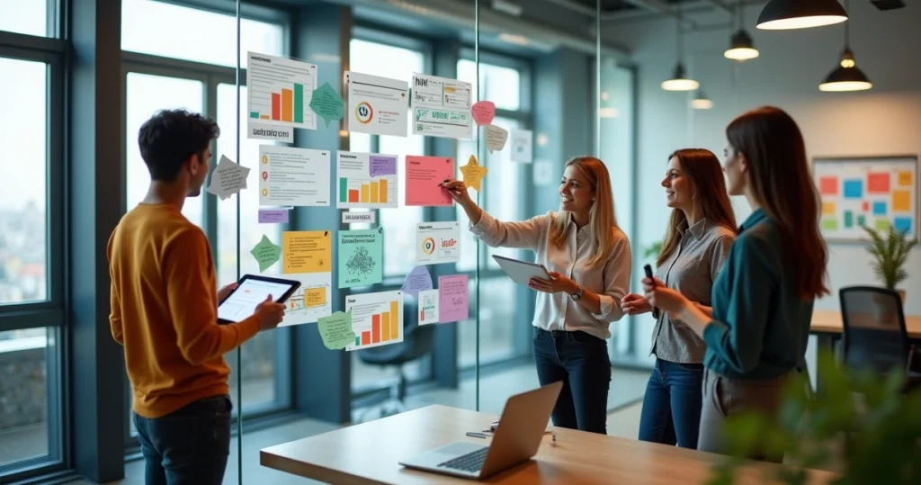 Equipe de marketing saas avaliando mural com comentários de clientes e resultados de campanha