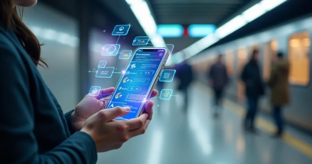 Pessoa usando smartphone cercado por ícones de feedback e jornada mobile