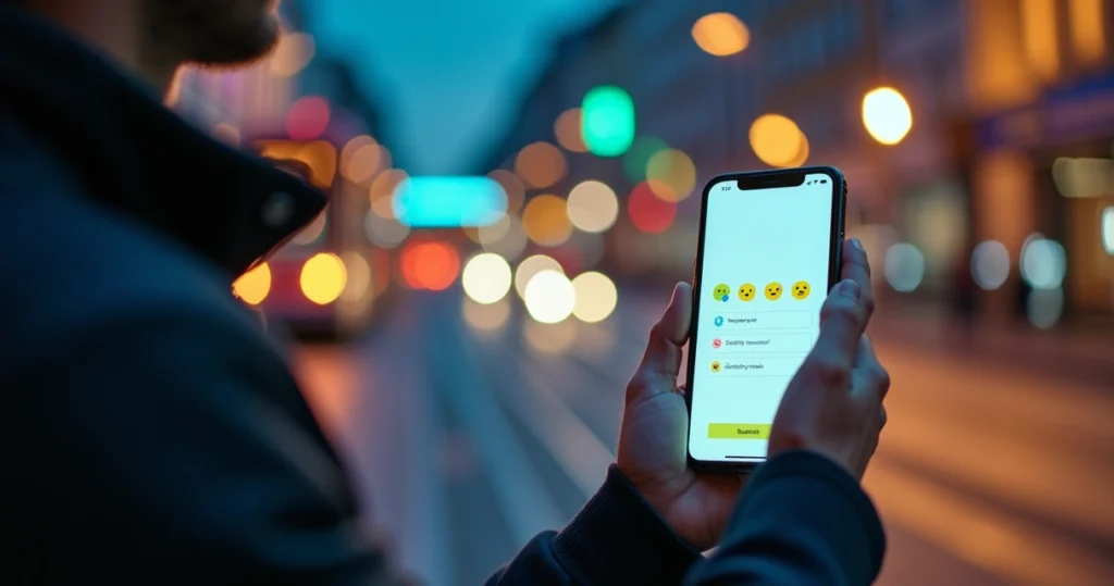 Pessoa usando aplicativo de feedback no smartphone em cenário urbano noturno