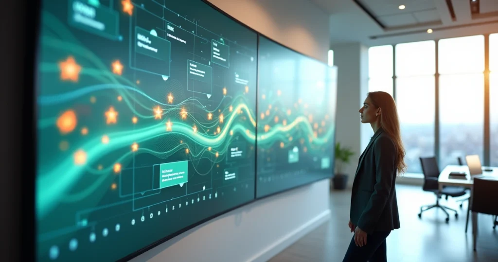 Gestora em escritório observa grande painel curvo com fluxo contínuo de feedbacks conectados