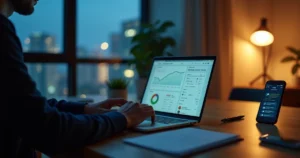 Empreendedor trabalhando em micro SaaS no notebook com gráficos de receita crescente na tela