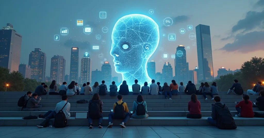 Jovens sentados em arquibancada observando holograma gigante de IA sobre cidade cheia de escritórios