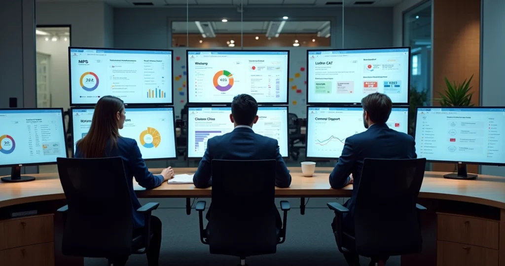 Control room with multiple colorful screens tracking omnichannel feedback metrics