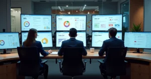 Control room with multiple colorful screens tracking omnichannel feedback metrics
