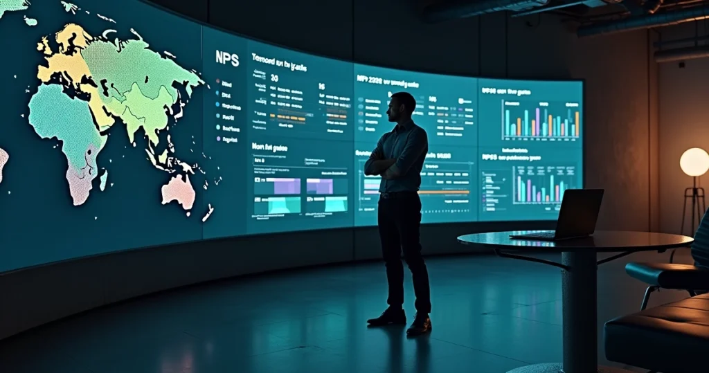 Gestor observa painel digital exibindo NPS por diferentes segmentos de mercado