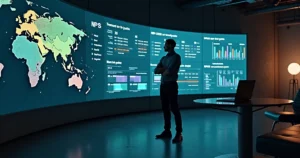 Gestor observa painel digital exibindo NPS por diferentes segmentos de mercado