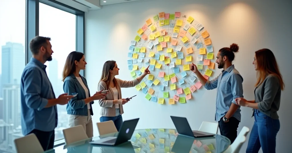 Equipe de produto analisando mural circular de feedbacks de clientes conectados a gráficos digitais