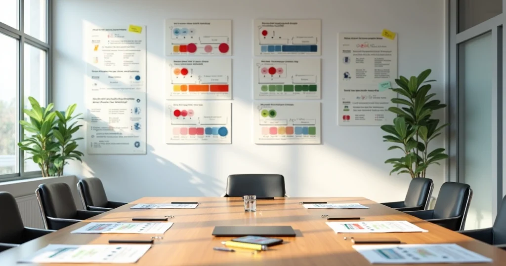 Cartões de pesquisa com escalas Likert coloridas organizados em mural de parede