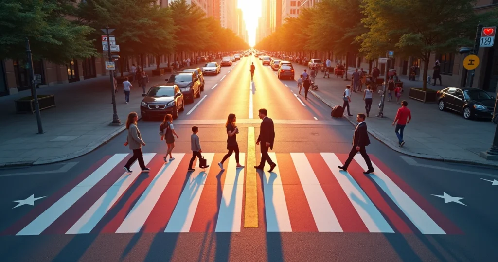 Mosaico de pessoas caminhando sobre gráfica colorida em formato de bandeira dos EUA