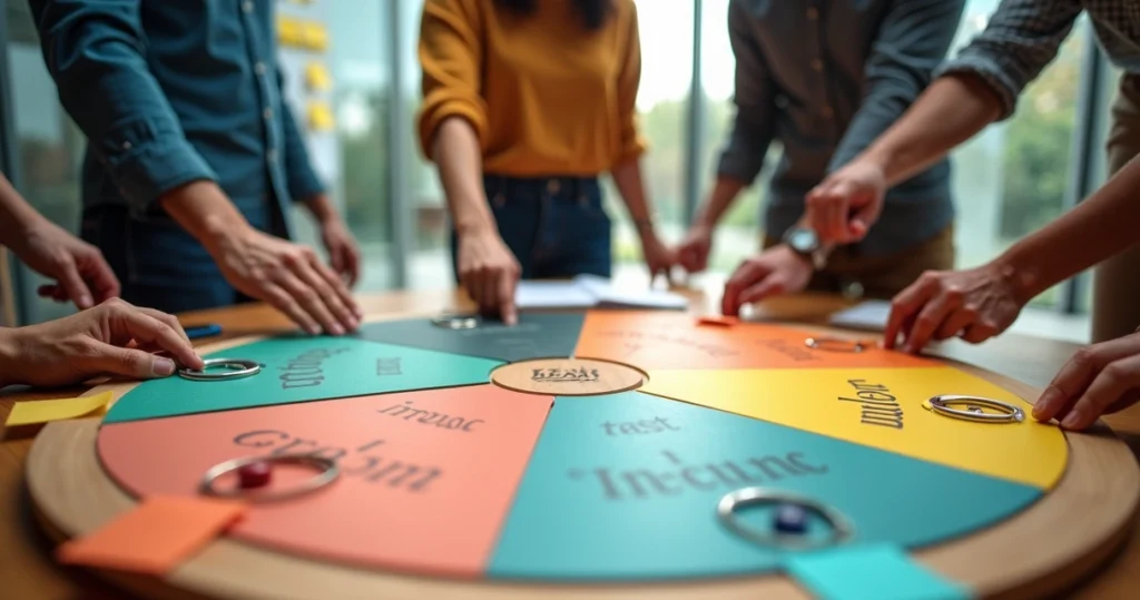 Equipe colando cartões de valores da empresa em painel circular colorido