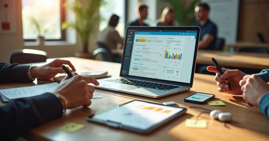 Mesa de coworking com notebook exibindo IA e painel de pesquisas integrados